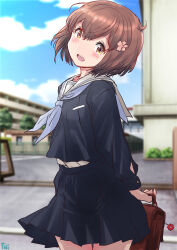 Rule 34 | 1girl, black serafuku, black shirt, black skirt, blue sky, blurry, blurry background, brown eyes, brown hair, building, cloud, commentary request, cowboy shot, day, flower, fuji (pixiv24804665), hair flower, hair ornament, highres, kantai collection, looking at viewer, neckerchief, open mouth, outdoors, pleated skirt, round teeth, sailor collar, sailor shirt, school uniform, serafuku, shirt, short hair, skirt, sky, solo, teeth, upper teeth only, white neckerchief, white sailor collar, yukikaze (kancolle)