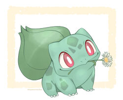 Rule 34 | animal focus, bright pupils, bulbasaur, claws, closed mouth, creatures (company), flower, flower in mouth, game freak, gen 1 pokemon, mouth hold, nintendo, nostrils, nyaasu nekoban, pokemon, pokemon (creature), red eyes, smile, solo, twitter username, white background, white flower, white pupils