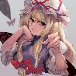 Rule 34 | 1girl, blonde hair, blurry, blurry background, bow, breasts, closed mouth, commentary request, depth of field, fe (tetsu), fingernails, foreshortening, gap (touhou), grey background, hair bow, hair ribbon, hand on own chin, hat, hat ribbon, juliet sleeves, large breasts, long hair, long sleeves, looking at viewer, mob cap, perspective, puffy sleeves, purple eyes, red bow, red ribbon, ribbon, sidelocks, simple background, smile, solo, tabard, touhou, tress ribbon, upper body, white hat, yakumo yukari