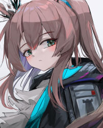 Rule 34 | 1girl, amiya (arknights), arknights, ascot, black jacket, blue jacket, blush, brown hair, close-up, closed mouth, colored inner hair, commentary, expressionless, eyes visible through hair, green eyes, grey ascot, grey background, highres, jacket, kari90909, long hair, looking back, multicolored hair, ponytail, portrait, purple hair, simple background, solo, two-sided fabric, two-sided jacket
