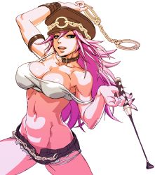 Rule 34 | 1girl, bad id, bad pixiv id, bare shoulders, blue eyes, breasts, capcom, chain, choker, cleavage, crop top, cuffs, cutoffs, denim, denim shorts, final fight, handcuffs, hat, large breasts, long hair, nail polish, navel, oetaro, off shoulder, open fly, pink hair, poison (final fight), riding crop, short shorts, shorts, solo, strap gap, strap slip, street fighter, unzipped, whip, white background