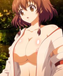 Rule 34 | 1girl, areola slip, bare shoulders, braid, breasts, brown eyes, brown hair, cleavage, highres, japanese clothes, large breasts, miko, momose nonoa, navel, nukidoki!, open clothes, open mouth, screencap, short hair, solo, upper body