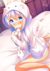 Rule 34 | 1girl, :o, animal ears, animal hood, ass, bed sheet, blue eyes, blue hair, blurry, blurry background, blush, bottomless, chinomaron, coat, commentary request, condom, depth of field, fake animal ears, gochuumon wa usagi desu ka?, hair ornament, hands up, highres, hood, hood up, hooded jacket, indoors, jacket, kafuu chino, long hair, long sleeves, looking at viewer, looking to the side, naked coat, hugging object, parted lips, pillow, pillow hug, signature, sitting, sleeves past wrists, solo, used condom, wariza, white jacket, x hair ornament