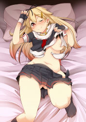 Rule 34 | 10s, 1girl, aki (akikaze asparagus), black socks, blonde hair, blush, bow, bra, breasts, clothes lift, fingerless gloves, gloves, gluteal fold, hair bow, hair ornament, hair ribbon, hairclip, kantai collection, large breasts, long hair, looking at viewer, lying, midriff, navel, no panties, on back, one eye closed, open bra, personification, pillow, pleated skirt, pussy, red eyes, ribbon, school uniform, serafuku, shirt lift, skirt, smile, socks, solo, thigh gap, uncensored, underwear, undressing, wink, yuudachi (kancolle), yuudachi kai ni (kancolle)