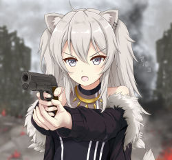 Rule 34 | 1girl, :o, animal ears, bad id, bad pixiv id, bare shoulders, black jacket, black shirt, blurry, blurry background, commentary request, depth of field, english text, fang, flipper, fur-trimmed jacket, fur trim, grey eyes, grey hair, gun, hair between eyes, handgun, highres, holding, holding gun, holding weapon, hololive, jacket, lion ears, lion girl, lion tail, long hair, long sleeves, m1911, off shoulder, open clothes, open jacket, open mouth, outstretched arms, pistol, shirt, shishiro botan, shishiro botan (1st costume), sleeveless, sleeveless shirt, solo, tail, two side up, v-shaped eyebrows, virtual youtuber, weapon