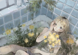 Rule 34 | 1girl, absurdres, bathtub, benikusochan, blonde hair, dress, expressionless, feet out of frame, flower, grey eyes, hand up, highres, leaf, long hair, looking at viewer, muted color, original, plant, solo, tile wall, tiles, white dress, window, yellow flower