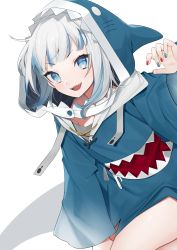 Rule 34 | 1girl, :d, absurdres, animal hood, arm up, bad id, bad twitter id, blue eyes, blue hair, blue hoodie, blue nails, blush, buttons, commentary, commentary request, daimaou ruaeru, drawstring, gawr gura, gawr gura (1st costume), hands up, highres, hololive, hololive english, hood, hood up, hoodie, long sleeves, looking at viewer, multicolored hair, multicolored nails, nail polish, open mouth, red nails, shark hood, sharp teeth, silver hair, sitting, smile, solo, strap, streaked hair, tail, teeth, thighs, tongue, upper body, virtual youtuber, white background, wide sleeves