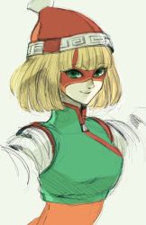 Rule 34 | 1girl, arms (game), beanie, blonde hair, breasts, closed mouth, domino mask, green eyes, hat, highres, kannoaki, looking at viewer, mask, min min (arms), short hair, simple background, smile, solo, white background