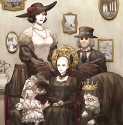 Rule 34 | 2boys, 3girls, alcina dimitrescu, angie (resident evil), beard, black headwear, black neckwear, black wings, chair, character request, covered face, crown, doll, donna beneviento, dress, earrings, facial hair, flower, grey hair, hat, hat flower, headpiece, headwear request, highres, hunchback, hunched over, jewelry, karl heisenberg, lipstick, makeup, mother miranda, multiple boys, multiple girls, nashigawa, necklace, painting (object), pale skin, pearl necklace, resident evil, resident evil village, salvatore moreau, sitting, teeth, white dress, wings
