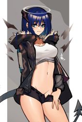 Rule 34 | 1girl, absurdres, arknights, black jacket, black shorts, blue eyes, blue hair, breasts, collarbone, commentary, commission, cowboy shot, demon girl, demon horns, demon tail, detached wings, distr, energy wings, english commentary, fur-trimmed jacket, fur trim, grey background, groin, highres, horns, jacket, long hair, medium breasts, micro shorts, mostima (arknights), navel, open clothes, open fly, open jacket, shirt, shorts, simple background, solo, tail, two-tone background, white background, white shirt, wings