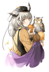 Rule 34 | 1girl, absurdres, animal, arknights, bag, beret, bird, black hat, bread, brown eyes, brown sweater, commentary request, food, ginkgo leaf, grey hair, hair ornament, hat, highres, holding, holding food, leaf, lizi13896363898, long hair, looking at viewer, looking to the side, low twintails, official alternate costume, owl, paper bag, ptilopsis (arknights), ptilopsis (serenity) (arknights), ribbed sweater, shawl, simple background, solo, sweater, turtleneck, turtleneck sweater, twintails, white background