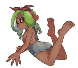 Rule 34 | 1girl, barefoot, bow, breasts, brown bow, brown eyes, brown hairband, closed mouth, commentary request, crossed legs, dark-skinned female, dark skin, eyebrow cut, feet, feet up, full body, green hair, hairband, ikki (gsl 9708), korean commentary, legs, long hair, lying, medium breasts, meme attire, nintendo, octoling, octoling girl, octoling player character, on stomach, simple background, solo, splatoon (series), tentacle hair, toes, virgin killer sweater, white background