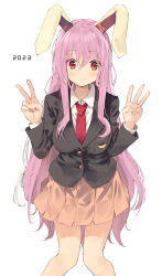 Rule 34 | 1girl, 2023, animal ears, black jacket, blazer, blush, closed mouth, collared shirt, commentary request, feet out of frame, hair between eyes, hands up, highres, jacket, knees together feet apart, long hair, long sleeves, looking at viewer, mieharu, necktie, pink hair, rabbit ears, rabbit girl, red eyes, red necktie, reisen udongein inaba, shirt, simple background, skirt, smile, solo, touhou, v, very long hair, w, white background, white shirt