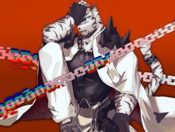 Rule 34 | 1boy, abs, animal ears, arknights, axianorange, bara, black gloves, black shirt, blue eyes, chain, chain necklace, facial scar, fingerless gloves, formal, furry, furry male, gloves, hand on own face, highres, infection monitor (arknights), jewelry, looking at viewer, male focus, mixed-language commentary, mountain (arknights), multiple scars, muscular, muscular male, necklace, pants, pectorals, red background, scar, scar across eye, scar on arm, scar on cheek, scar on face, shirt, suit, tail, tiger boy, tiger ears, tiger stripes, tiger tail, white pants, white suit
