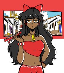 1girl absurdres alternate_costume alternate_skin_color black_hair bow brazil brown_eyes closed_mouth commentary commission crop_top dark-skinned_female dark_skin english_commentary flip-flops frilled_bow frills hair_bow hair_tubes hakurei_reimu highres long_hair looking_at_viewer mewtsukki_(artist) orb red_bow sandals sketch solo touhou yin_yang yin_yang_orb