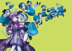 Rule 34 | 2girls, bow, cover, cover page, crescent moon, eyepatch, from behind, green eyes, hair bow, hat, hug, hug from behind, konpaku youmu, moon, multiple girls, multiple persona, patchouli knowledge, purple eyes, purple hair, silver hair, thupoppo, touhou