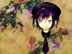Rule 34 | 1girl, beret, black hat, brown background, closed mouth, commentary request, cropped head, expressionless, faux traditional media, floral background, flower, hat, headphones, highres, necktie, purple eyes, purple hair, purple necktie, red flower, short hair, sideways glance, solo, square pupils, tsunoyomogi amahashi, utane uta, utau