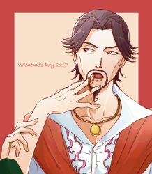Rule 34 | 2boys, ace attorney, beard, beige background, border, brown hair, chobi (piita4), chocolate, collarbone, dated, english text, facial hair, finger in another&#039;s mouth, food, food on face, forehead, frilled shirt, frills, goatee, green eyes, hair intakes, half-closed eyes, hand on another&#039;s arm, hand up, jewelry, male focus, manov mistree, multiple boys, mustache, necklace, open mouth, phoenix wright: ace attorney - spirit of justice, raised eyebrow, red border, ring, roger retinz, shirt, short hair, simple background, solo focus, straight-on, tongue, upper body, valentine, white shirt, yaoi