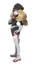 1girl :d absurdres alternate_costume arm_up black_hat boots brown_hair commentary_request creatures_(company) full_body game_freak gloves grey_eyes grey_footwear grey_gloves hat highres himurohiromu holding holding_poke_ball long_hair looking_at_viewer looking_back nintendo open_mouth peaked_cap poke_ball poke_ball_(basic) pokemon pokemon_xy serena_(pokemon) shaded_face simple_background smile solo standing team_rocket team_rocket_uniform thigh_boots white_background