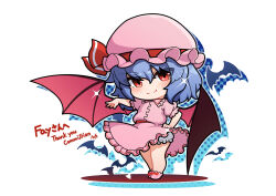 Rule 34 | 1girl, bat (animal), bloomers, blue hair, bow, chibi, closed mouth, commission, footwear bow, full body, hair between eyes, hand on own hip, hat, hat ribbon, looking at viewer, medium hair, mob cap, no nose, outstretched arm, pink footwear, pink headwear, puffy short sleeves, puffy sleeves, red bow, red eyes, red ribbon, remilia scarlet, ribbon, short sleeves, skeb commission, smirk, sparkle, thighs, touhou, underwear, warashi, white bloomers, wind, wind lift, wings