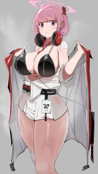 Rule 34 | 1girl, absurdres, bandaid, bandaid on shoulder, between breasts, bikini, black bikini, blue archive, bra, breasts, cleavage, eimi (blue archive), grey background, halo, headphones, headphones around neck, highres, jacket, large breasts, looking at viewer, necktie, necktie between breasts, off shoulder, open clothes, open jacket, parted lips, partially undressed, pink eyes, pink hair, pink halo, see-through, simple background, solo, steam, steaming body, sweat, sweaty clothes, swimsuit, thighs, underwear, zhaod, zipper bikini