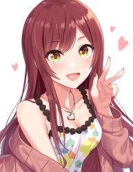 Rule 34 | 1girl, :d, bad id, bad pixiv id, blush, breasts, brown eyes, brown hair, brown jacket, cleavage, collarbone, floral print, heart, idolmaster, idolmaster shiny colors, jacket, jewelry, long sleeves, looking at viewer, medium breasts, nail polish, necklace, open clothes, open jacket, open mouth, osaki amana, sidelocks, simple background, smile, solo, swept bangs, tank top, upper body, v-shaped eyebrows, white background, yuuhi (ages)