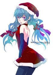 Rule 34 | 10s, 1girl, 2014, character name, christmas, dress, elbow gloves, gloves, hat, hatsune miku, long hair, merry christmas, mouri, open mouth, pantyhose, santa hat, solo, twintails, vocaloid, white background