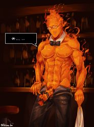 Rule 34 | 1boy, absurdres, arima (arima bn), arm support, bara, detached collar, elemental (creature), fire, glasses, grillby, highres, male focus, monster boy, navel, open fly, penis, smile, solo, speech bubble, twitter username, undertale, undressing