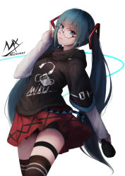 Rule 34 | 1girl, bespectacled, blue eyes, cowboy shot, glasses, green hair, hatsune miku, highres, long hair, looking at viewer, shimmer, skirt, solo, thigh strap, thighhighs, twintails, very long hair, vocaloid