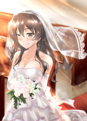 Rule 34 | 1girl, artist name, ashigara (kancolle), blush, bouquet, breasts, bridal veil, brown eyes, brown hair, cleavage, closed mouth, collarbone, dress, elbow gloves, flower, gloves, hair between eyes, highres, holding, holding bouquet, kantai collection, large breasts, long hair, signature, smile, solo, twitter username, veil, wedding dress, white dress, white gloves, yo-suke