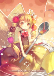 Rule 34 | 1girl, absurdres, bow, brown eyes, food, hair ornament, highres, holding, ice cream, light brown hair, lino-lin, long hair, looking at viewer, original, parfait, smile, solo, spoon, twintails