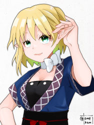 Rule 34 | 1girl, alternate costume, black sash, black tube top, blonde hair, blue shirt, bow, bowtie, breasts, closed mouth, commentary request, eyes visible through hair, green eyes, highres, looking at viewer, medium breasts, mizuhashi parsee, obi, pointy ears, sash, shirt, short hair, short sleeves, simple background, smile, solo, strapless, tomekami, touhou, tube top, upper body, white background, white bow, white bowtie