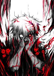 Rule 34 | 1boy, artist name, black background, black sclera, blood, blood on face, bug, colored sclera, hands on own face, hands up, heterochromia, highres, kaneki ken, male focus, red eyes, shirt, short hair, solo, teeth, tokyo ghoul, upper body, yourfreakyneighbourh