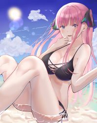 Rule 34 | 1girl, :d, absurdres, ass, bad id, bad pixiv id, bikini, black bikini, black ribbon, blue eyes, blunt bangs, blush, bochibochi (gyuuniku 6000), breasts, butterfly hair ornament, cleavage, cloud, collarbone, eyebrows hidden by hair, go-toubun no hanayome, hair ornament, halterneck, hand to own mouth, highres, hime cut, knees up, large breasts, long hair, looking at viewer, nakano nino, ocean, open mouth, outdoors, panties, pink hair, ribbon, side-tie bikini bottom, side-tie panties, sitting, sky, smile, sun, swimsuit, thick thighs, thighs, twintails, underwear, water