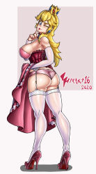 Rule 34 | 1girl, absurdres, adapted costume, artist name, ass, bare shoulders, blonde hair, blue eyes, breasts, clothes lift, collar, crown, dress, dress lift, earrings, elbow gloves, full body, gloves, grey background, high heels, highres, hiraki16, jewelry, large breasts, long hair, mario (series), nintendo, one eye closed, panties, pink gloves, pink panties, princess peach, solo, standing, thick eyebrows, thighhighs, underwear, wedgie, white background, white thighhighs, wink