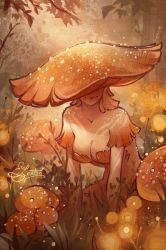 Rule 34 | 1girl, breasts, cleavage, closed mouth, colored skin, covered eyes, dress, elentori, facing viewer, hat, highres, large breasts, medium hair, mushroom, mushroom girl, orange dress, orange hair, orange skin, orange theme, original, short sleeves, signature, sitting, smile, solo