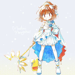 Rule 34 | 1girl, alternate costume, arle nadja, arm at side, bare shoulders, blue dress, blue flower, blue rose, boots, breasts, brown eyes, brown hair, cape, carbuncle (puyopuyo), closed mouth, commentary request, copyright name, dated commentary, detached sleeves, diagonal stripes, dress, flower, frilled dress, frilled sleeves, frills, full body, grey background, hair ribbon, hand on own hip, high ponytail, holding, legs apart, looking at viewer, madou monogatari, medium breasts, orange cape, puffy sleeves, puyopuyo, rakuni, ribbon, rose, smile, solo, standing, star (symbol), starry background, straight-on, striped, thighhighs, two-sided cape, two-sided dress, two-sided fabric, white cape, white dress, white footwear, white ribbon, white thighhighs