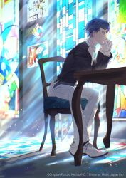 Rule 34 | 1boy, absurdres, arm support, black jacket, blue eyes, blue hair, chair, commentary, formal, from side, full body, gloves, half mask, hand to own mouth, highres, indoors, interlocked fingers, jacket, kaito (vocaloid), karanagare, leaning forward, light, male focus, mask, miku symphony (vocaloid), own hands clasped, own hands together, pants, sitting, solo, stained glass, suit, suit jacket, table, vocaloid, white footwear, white gloves, white mask, white pants, window