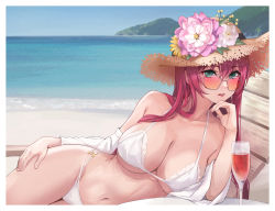 Rule 34 | 1girl, animal ears, azur lane, bare shoulders, beach, bikini, border, breasts, chair, cleavage, collarbone, cup, day, deck chair, drink, drinking glass, flower, grey-framed eyewear, hair between eyes, hand on own hip, hand on own chin, hat, hat flower, hat ornament, highres, large breasts, long hair, long sleeves, looking at viewer, looking over eyewear, looking over glasses, lounge chair, navel, ocean, orange-tinted eyewear, orange-tinted glasses, outdoors, parted lips, pink-tinted eyewear, pink flower, pink hair, smile, solo, stomach, straw hat, sugai (4ugaii), sun hat, sunglasses, surcouf (azur lane), surcouf (loisirs balneaires) (azur lane), swimsuit, thighs, tinted eyewear, very long hair, water, white bikini, white border, white flower, yellow flower
