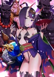 Rule 34 | 2boys, 2girls, :d, :o, absurdres, bare shoulders, blonde hair, breasts, brown eyes, chain, commentary request, cup, eyebrows hidden by hair, facial mark, fang, fangs, fate/grand order, fate (series), forehead mark, glint, gourd, hand up, headpiece, highres, horns, ibaraki douji (fate), japanese clothes, kimono, long hair, long sleeves, multiple boys, multiple girls, muscular, navel, obi, off shoulder, oni, open mouth, parted lips, petals, purple kimono, revision, sakazuki, sanpeita, sash, short eyebrows, short hair, short kimono, shuten douji (fate), skin-covered horns, small breasts, smile, solo focus, thick eyebrows, thighs, very long hair, wide sleeves, yellow kimono