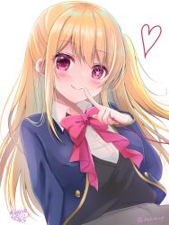 Rule 34 | 1girl, artist name, black vest, blonde hair, blue jacket, blush, bow, bowtie, breasts, buttons, closed mouth, collared shirt, grey skirt, hair between eyes, hand up, heart, highres, hoshino ruby, jacket, long hair, long sleeves, looking at viewer, medium breasts, one side up, open clothes, open jacket, oshi no ko, pink bow, pink bowtie, pink eyes, school uniform, shirt, sidelocks, simple background, skirt, smile, solo, star-shaped pupils, star (symbol), symbol-shaped pupils, thread, vest, white background, white shirt, youtou high school uniform, yuutsuki hina