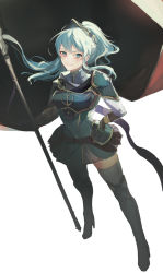 Rule 34 | 1girl, armor, blue hair, boots, character request, copyright request, female knight, from above, hand on own hip, high heels, high ponytail, highres, holding, holding weapon, knee boots, knight, light blue hair, machi wt, sidelocks, skirt, smile, solo, standing, thighhighs, weapon, white background