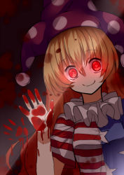 Rule 34 | 1girl, @ @, american flag dress, american flag shirt, blonde hair, blood, blood on hands, bloody handprints, clownpiece, crazy eyes, glowing, glowing eyes, gradient background, handprint, hat, highres, jester cap, long hair, looking at viewer, red eyes, ringed eyes, sh (shinh), short sleeves, smile, solo, star (symbol), striped, touhou, upper body