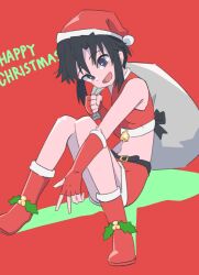 Rule 34 | 1girl, bell, belt, black belt, black eyes, black hair, boots, christmas, commentary, crop top, english commentary, english text, fingerless gloves, gloves, hat, highres, holding, holding sack, holly, idolmaster, idolmaster (classic), kikuchi makoto, looking at viewer, merry christmas, midriff, miniskirt, ohgi910, open mouth, over shoulder, red background, red gloves, red hat, red shirt, red skirt, sack, santa boots, santa gloves, santa hat, shirt, short hair, simple background, sitting, skirt, sleeveless, sleeveless shirt, smile, solo