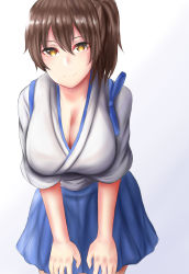Rule 34 | 10s, 1girl, breasts, brown eyes, brown hair, cleavage, gradient background, highres, huge breasts, kaga (kancolle), kantai collection, leaning forward, long hair, looking at viewer, matching hair/eyes, pink background, ponytail, rakam (artist), skirt, smile, solo, white background