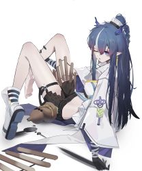 Rule 34 | 1girl, absurdres, alcohol, arknights, arm support, asymmetrical legwear, belt buckle, black shorts, blue hair, boots, braid, braided ponytail, buckle, commentary request, dragon girl, dragon horns, gourd, hair between eyes, highres, horns, jacket, ling (arknights), looking at viewer, midriff peek, nlarou, on floor, one eye closed, parted lips, pointy ears, purple sleeves, ribbon, shorts, sidelocks, simple background, single boot, sitting, solo, thigh strap, white background, white jacket, wrist ribbon