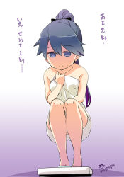 Rule 34 | 10s, 1girl, black eyes, black hair, gradient background, highres, houshou (kancolle), imu sanjo, kantai collection, long hair, naked towel, ponytail, purple background, simple background, smile, solo, squatting, sweat, towel, translation request, weighing scale, weight conscious, white background