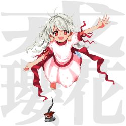 Rule 34 | 1girl, barefoot, blouse, commentary request, ebisu eika, frilled sleeves, frills, full body, grey hair, harukawa moe (style), highres, keiki8296, long earlobes, long hair, messy hair, open mouth, outstretched arm, red eyes, red ribbon, ribbon, rock balancing, shirt, short sleeves, skirt, skirt set, solo, stack, stone, toenails, toes, touhou, white shirt, white skirt