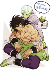 Rule 34 | 1boy, 1girl, bandages, bandage on face, black hair, boots, broly (dragon ball super), bruise, cheelai, colored skin, dragon ball, dragon ball super, dragon ball super broly, first aid kit, green skin, hand on another&#039;s shoulder, injury, jacket, looking at another, muscular, open mouth, pelt, purple eyes, scar, topless male, short hair, sinsin12121, sitting, speech bubble, spiked hair, translation request