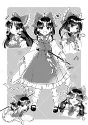 Rule 34 | 1girl, ascot, bare shoulders, bow, closed eyes, closed mouth, detached sleeves, flying sweatdrops, frilled skirt, frills, gohei, greyscale, hair bow, hair tubes, hakurei reimu, highres, holding, holding gohei, japanese clothes, jill 07km, long hair, monochrome, multiple views, nontraditional miko, open mouth, ribbon-trimmed sleeves, ribbon trim, shoes, sidelocks, signature, skirt, socks, spoken squiggle, squiggle, touhou, wide sleeves